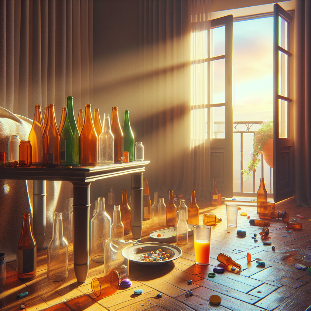 A messy dimly lit room after a night out, with empty bottles and snacks, and morning sunlight streaming through a window.