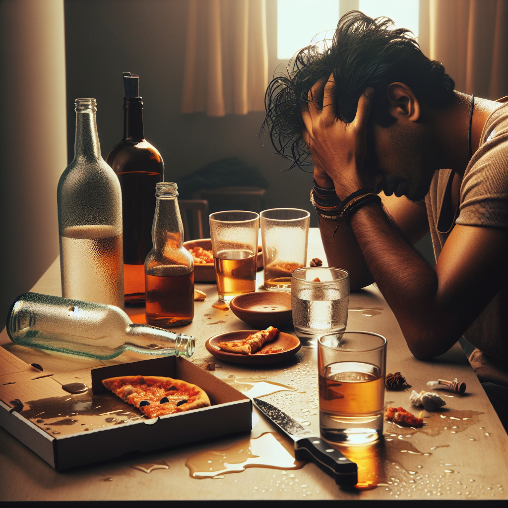 A cluttered table with an empty alcohol bottle, overturned glass, and a weary person holding their head in a dimly lit room.