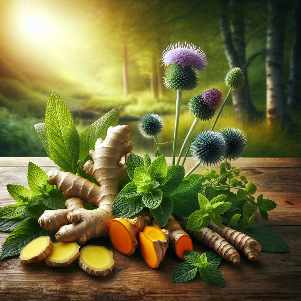 A collection of fresh herbs for hangover relief including ginger, milk thistle, turmeric, and peppermint on a wooden table.