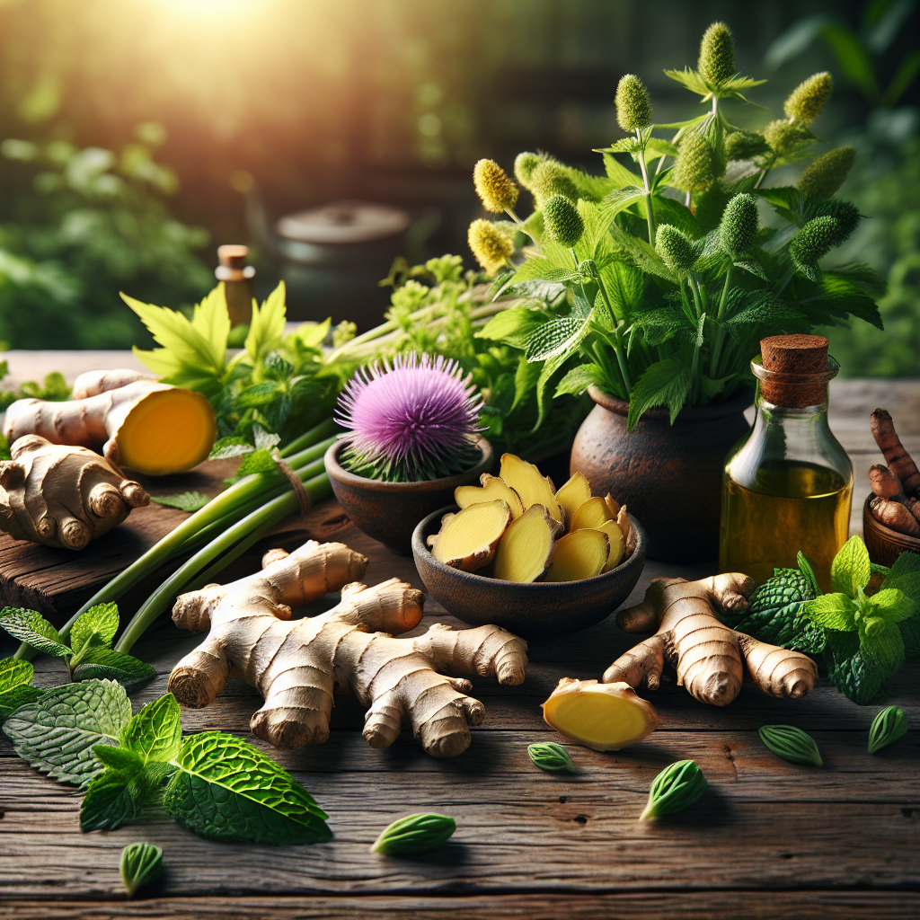 Still life of herbs used for hangover relief, including ginger, milk thistle, turmeric, and peppermint.