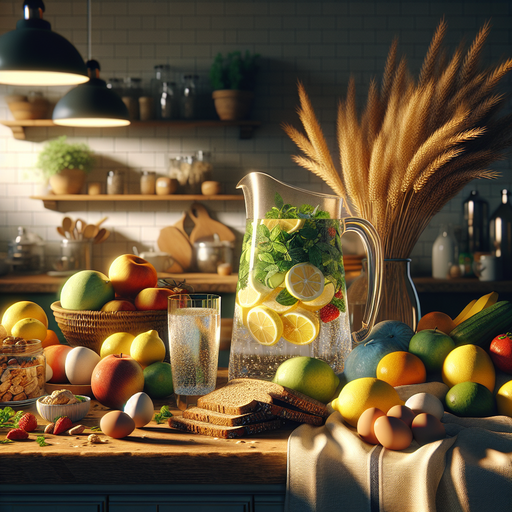 A cozy kitchen scene showcasing healthy foods and a pitcher of infused water.