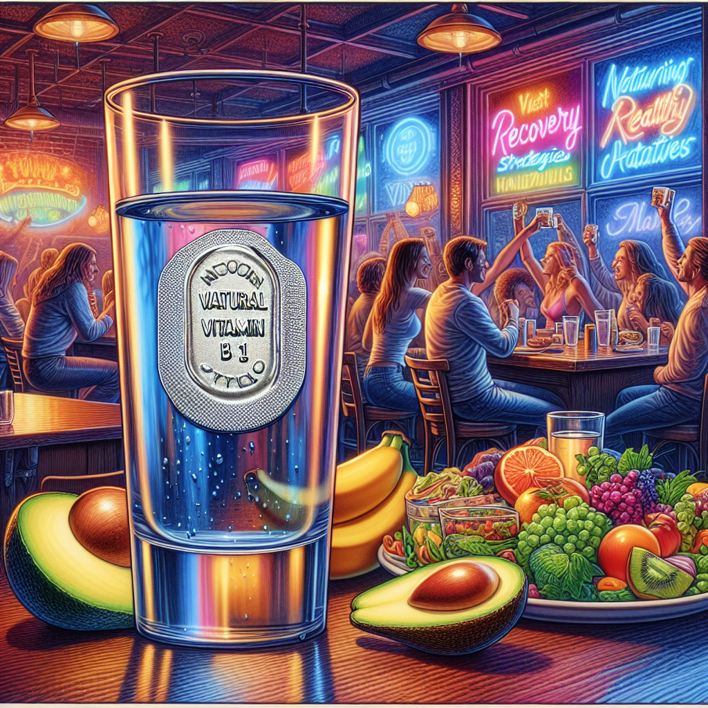 A vibrant bar scene focused on post-drinking recovery with a glass of water and vitamin patch.