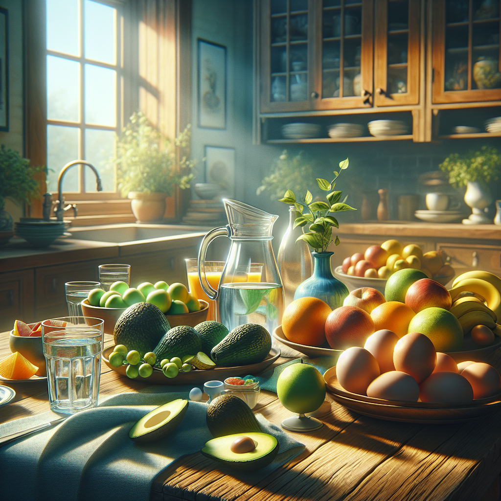 A cozy kitchen scene with nutritious foods and a glass pitcher of water.