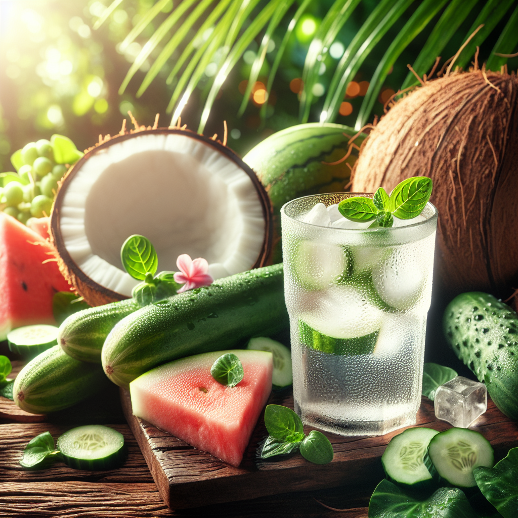 A refreshing coconut water drink with fruits and vegetables symbolizing hydration for hangovers.