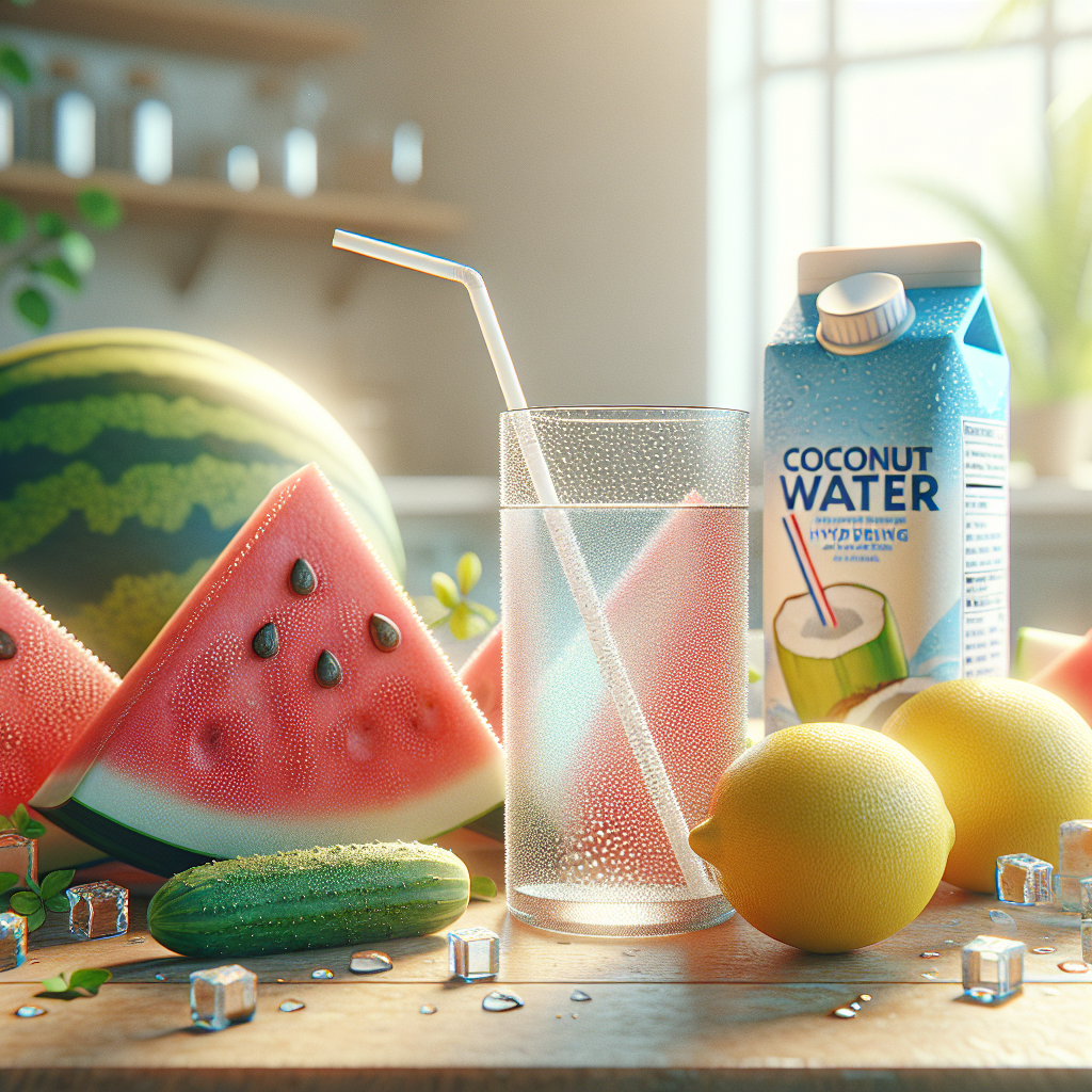 A spread of hydration remedies including water, coconut water, and fresh fruits on a wooden table.