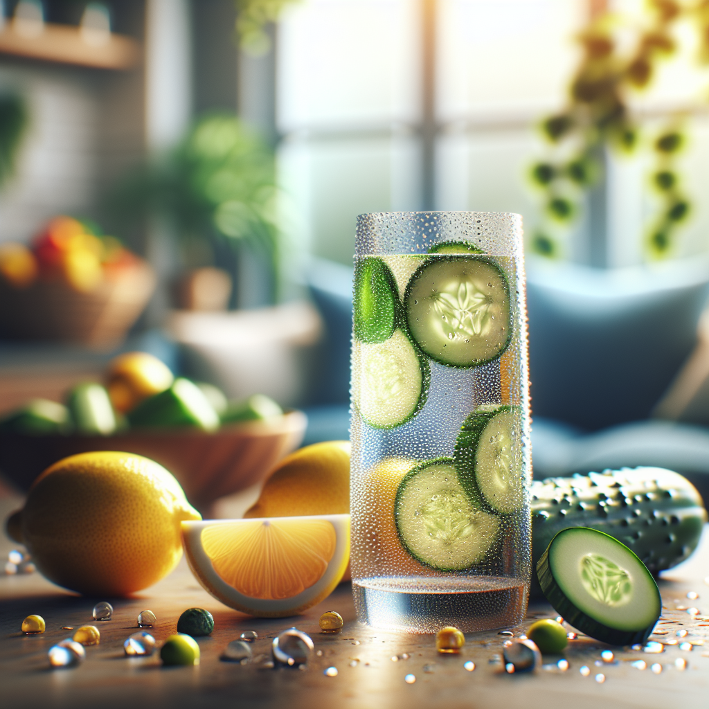 A glass of water surrounded by slices of lemon and cucumber in a cozy kitchen.