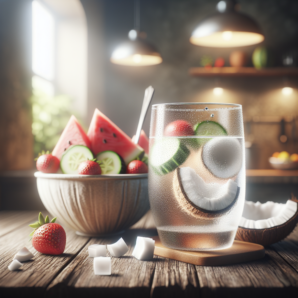 A clear glass of coconut water with a bowl of fruits on a blurred kitchen background.