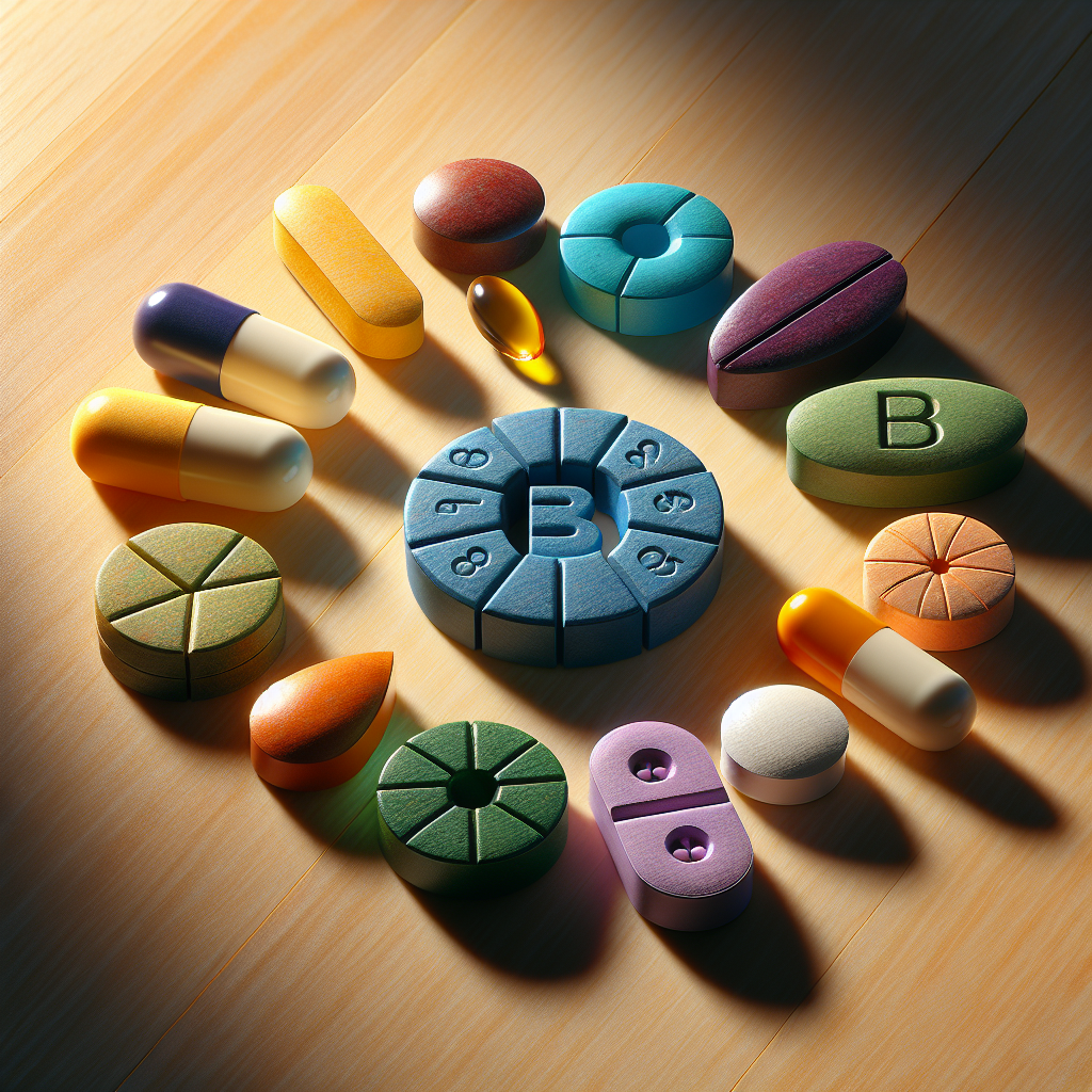 A collection of different shaped vitamin B complex pills arranged on a wooden surface.