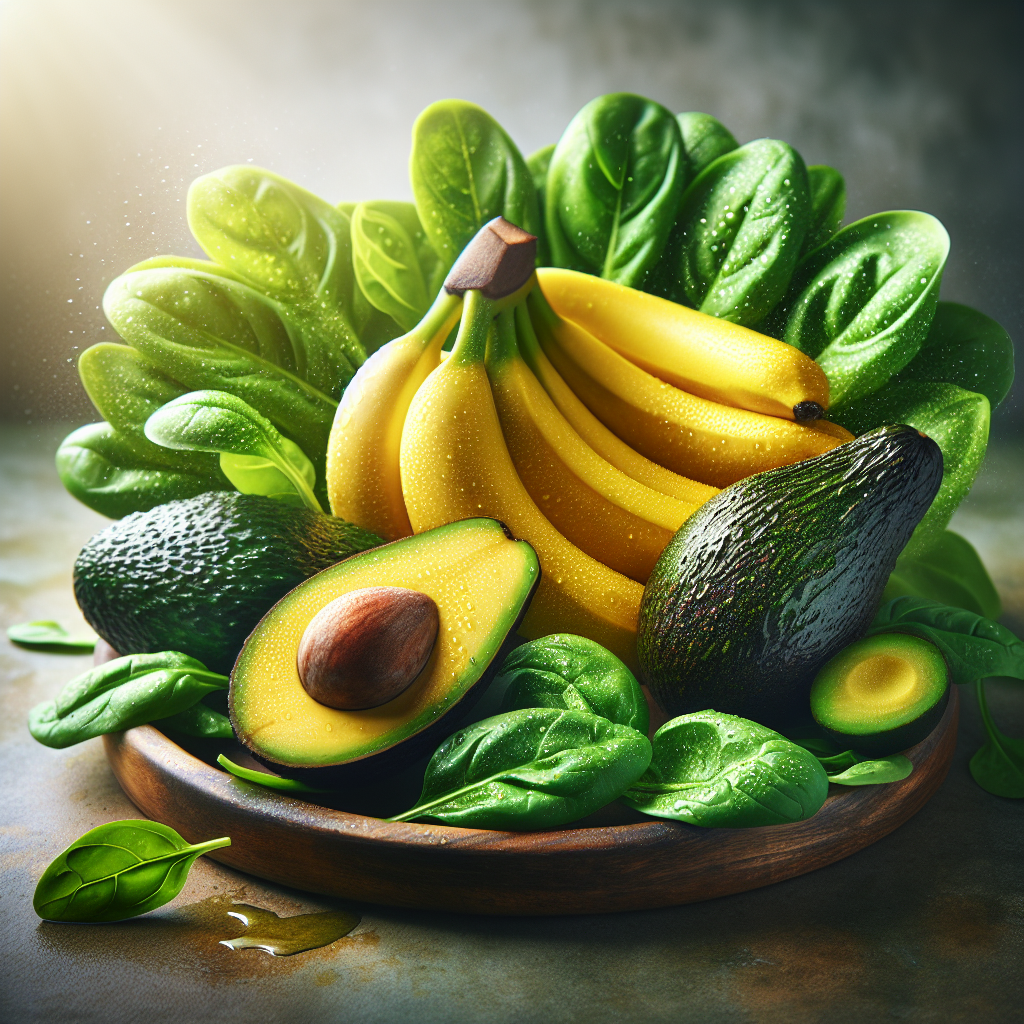 A vibrant arrangement of fresh foods representing Vitamin B complex, including bananas, avocados, and leafy greens.