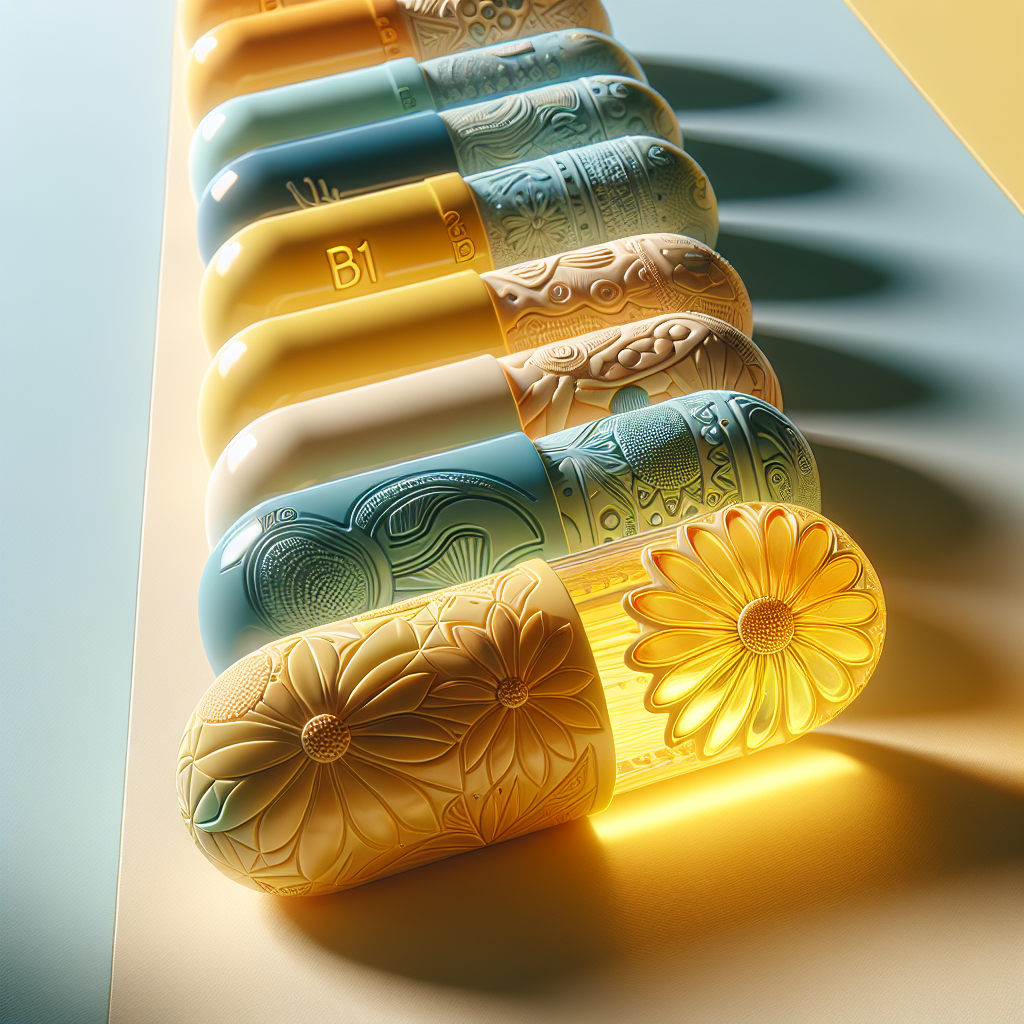 A colorful arrangement of Vitamin B complex capsules featuring an elongated yellow B1 capsule, set against a soft gradient background.