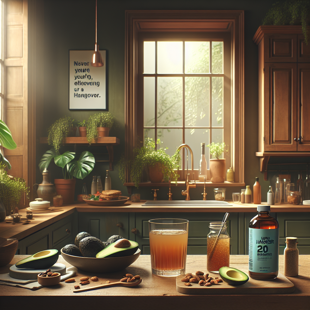 A cozy kitchen scene depicting hangover relief items like a glass of drink, healthy food, and a hangover patch.