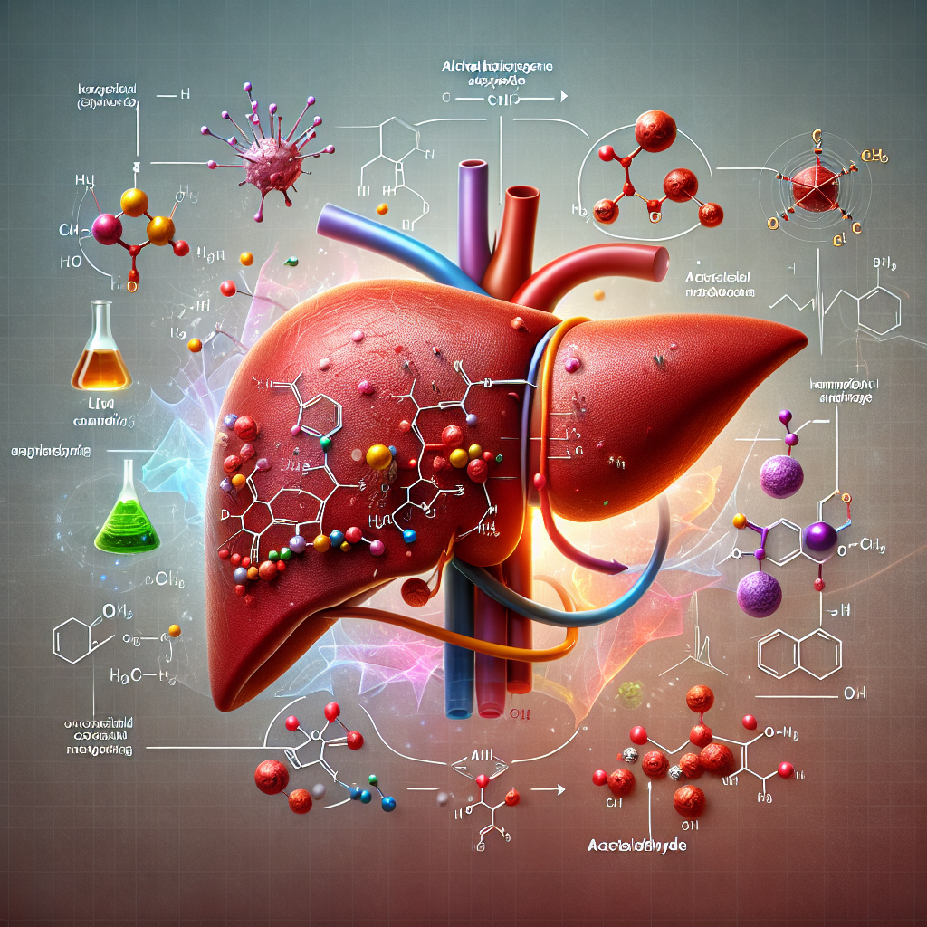 A detailed illustration of the liver showcasing the alcohol metabolism process with chemical structures.