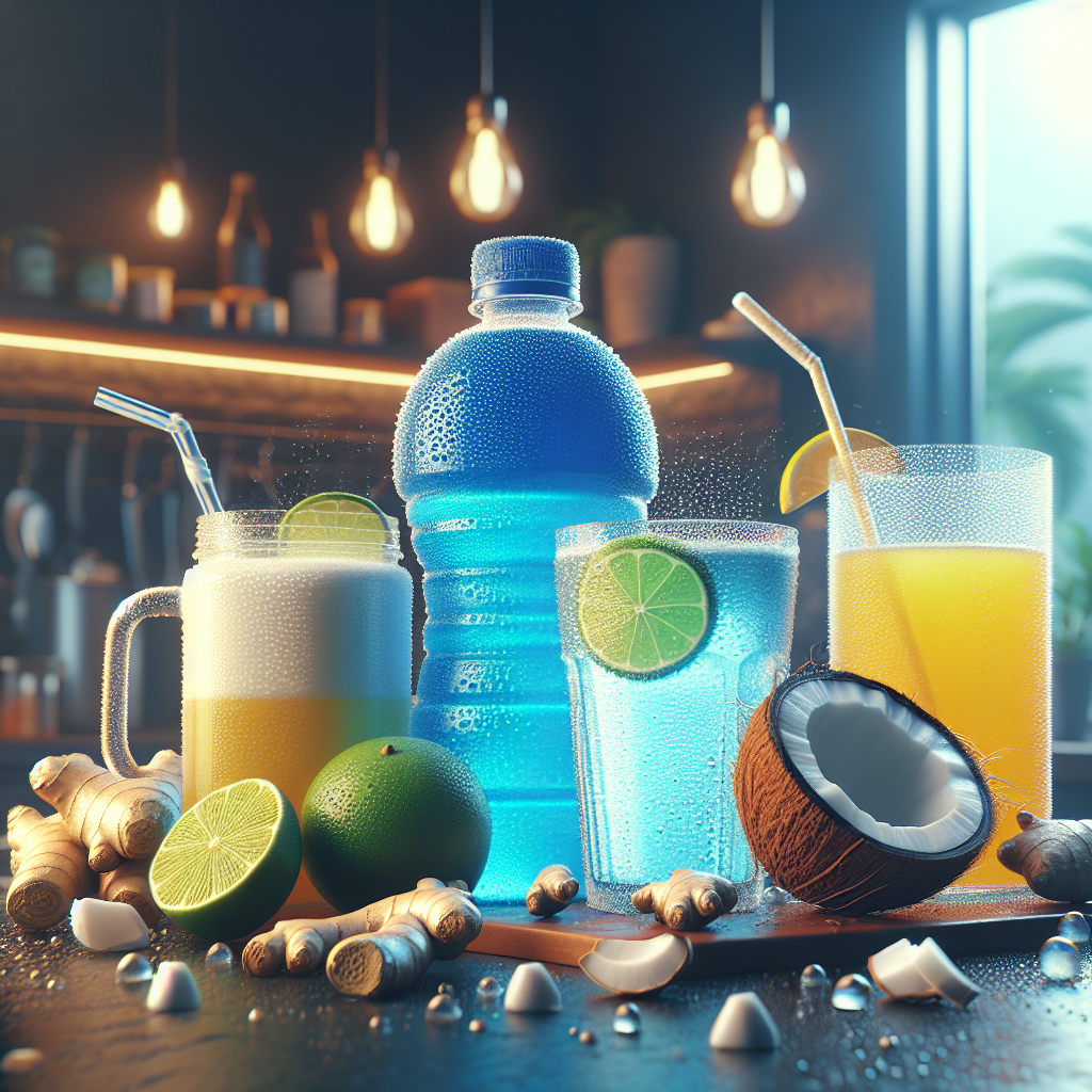 A table displaying various hydration drinks including sports drink, coconut water, ginger tea, and orange juice.