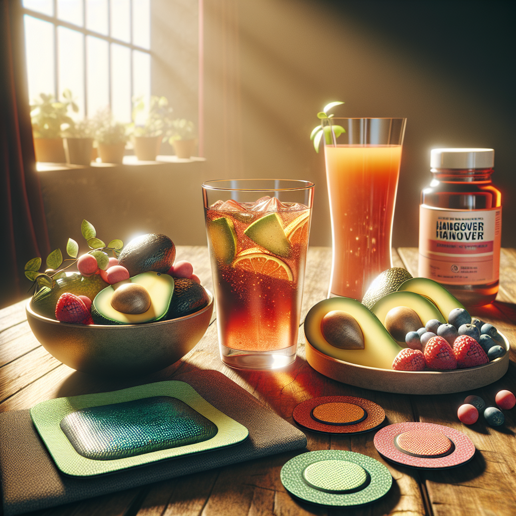 A variety of hangover relief solutions including a beverage, healthy food, and a hangover patch on a wooden table.