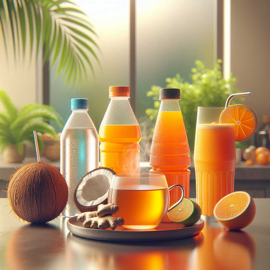 Various hydration drinks including coconut water, sports drink, ginger tea, and orange juice on a table.