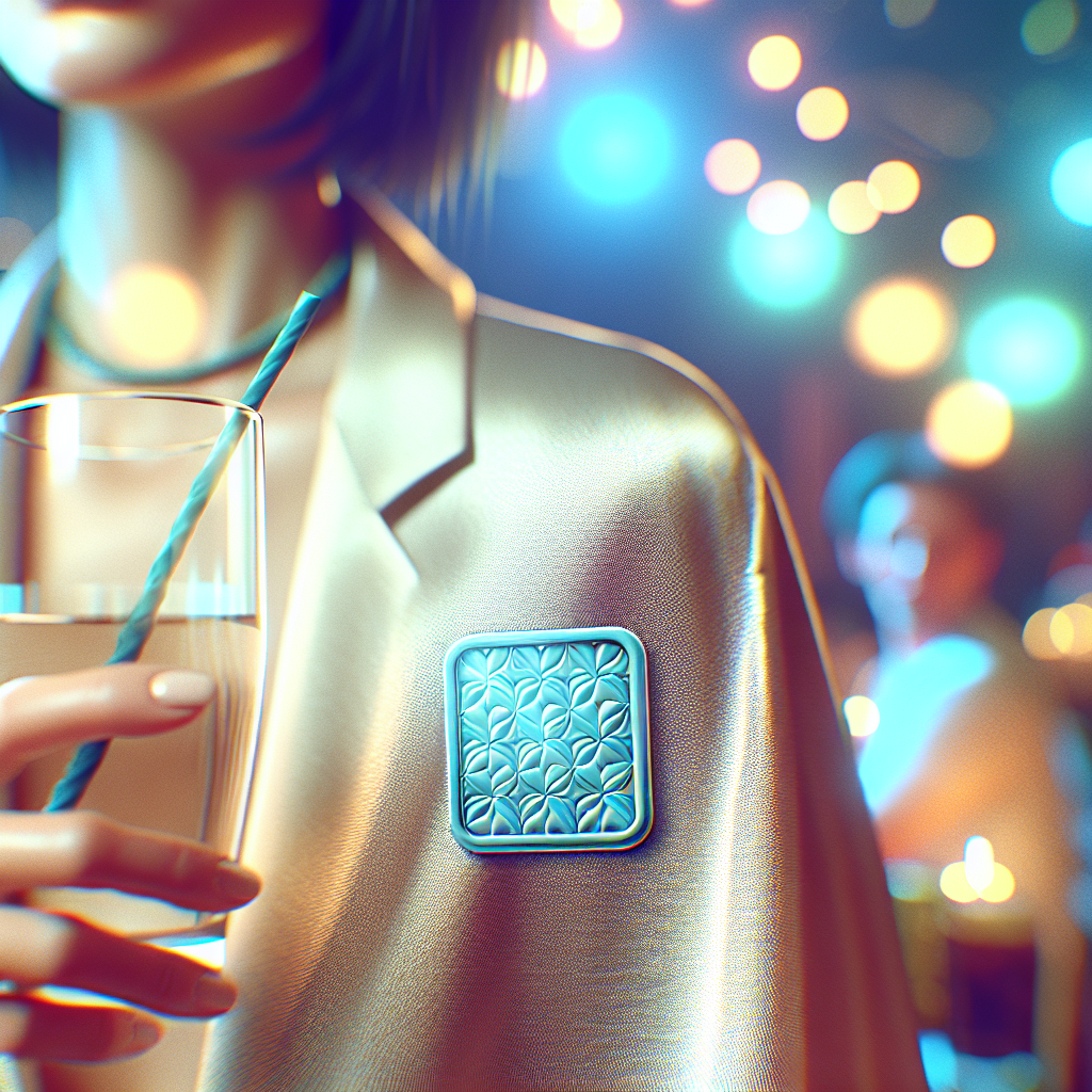 An alcohol recovery patch applied to skin with a blurred party background.