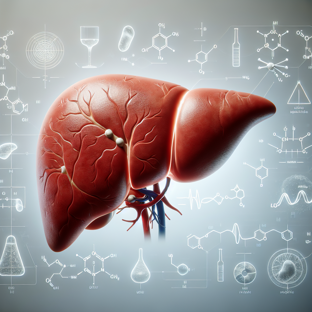 A detailed illustration of a human liver with abstract representations of alcohol molecules.