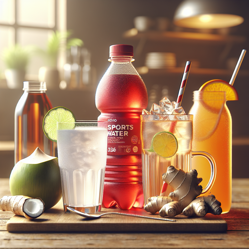 A variety of hydration drinks for hangover recovery on a wooden table.