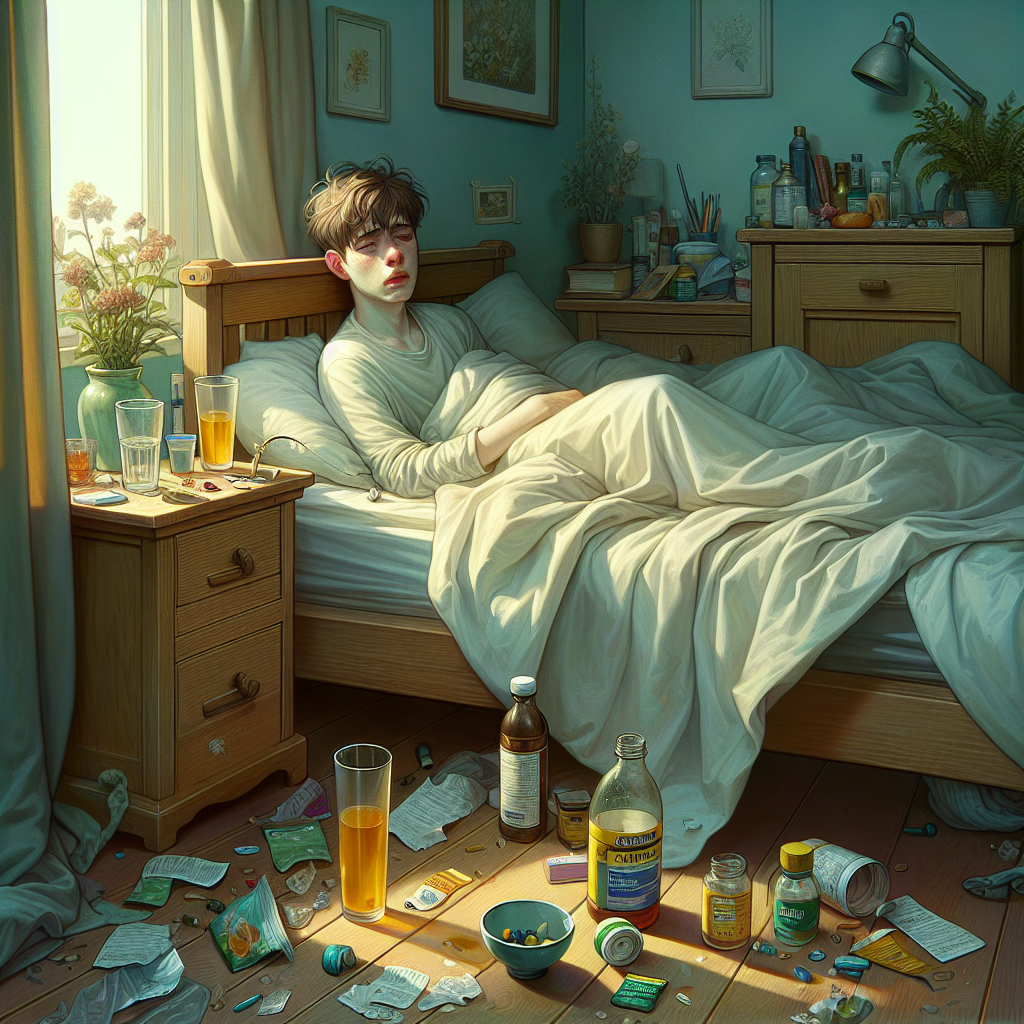 A cozy bedroom scene showing a young man recovering from a hangover, surrounded by empty glasses and vitamin bottles.