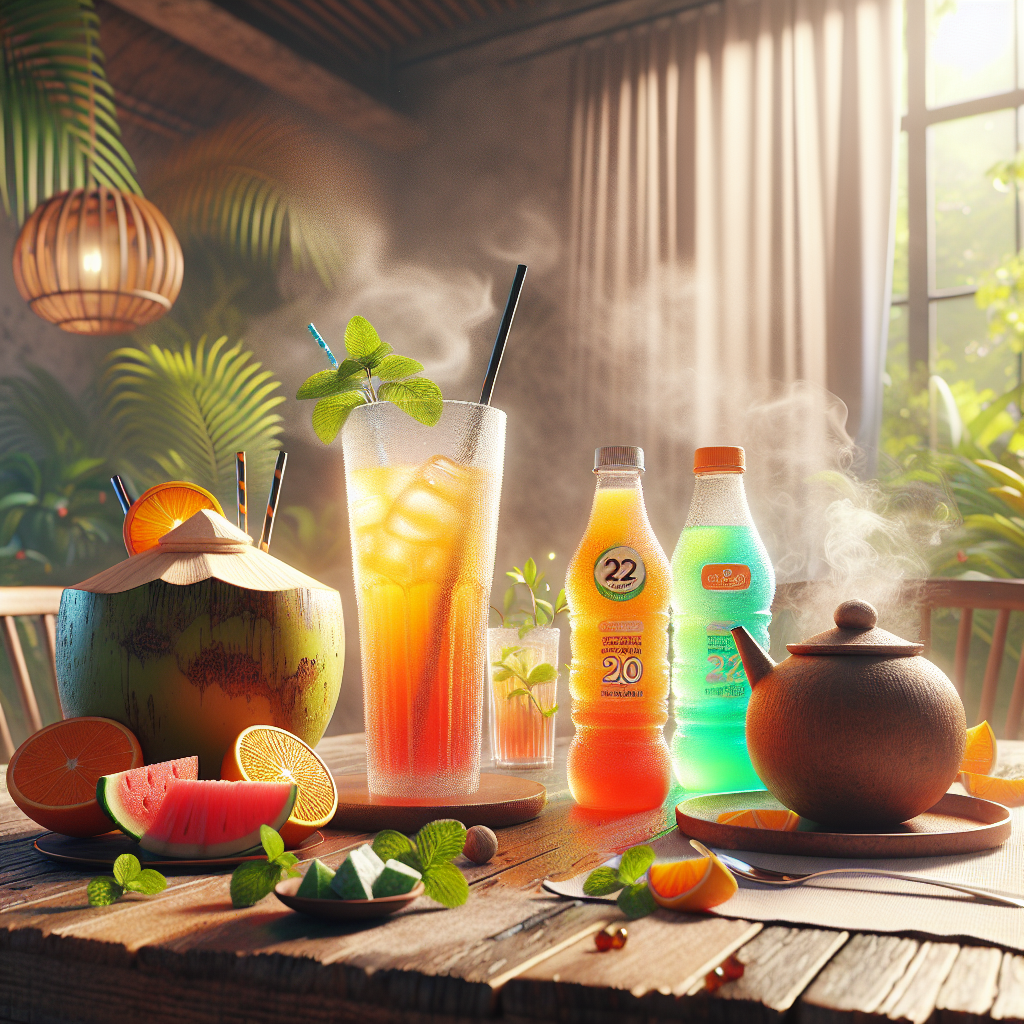 A dining table with various hydration drinks including orange juice, coconut water, sports drink, and herbal tea.