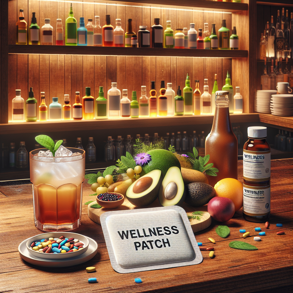 A cozy bar setting showcasing hangover relief solutions with a Booze Bandage patch, water, a smoothie, and nutrient-dense foods.