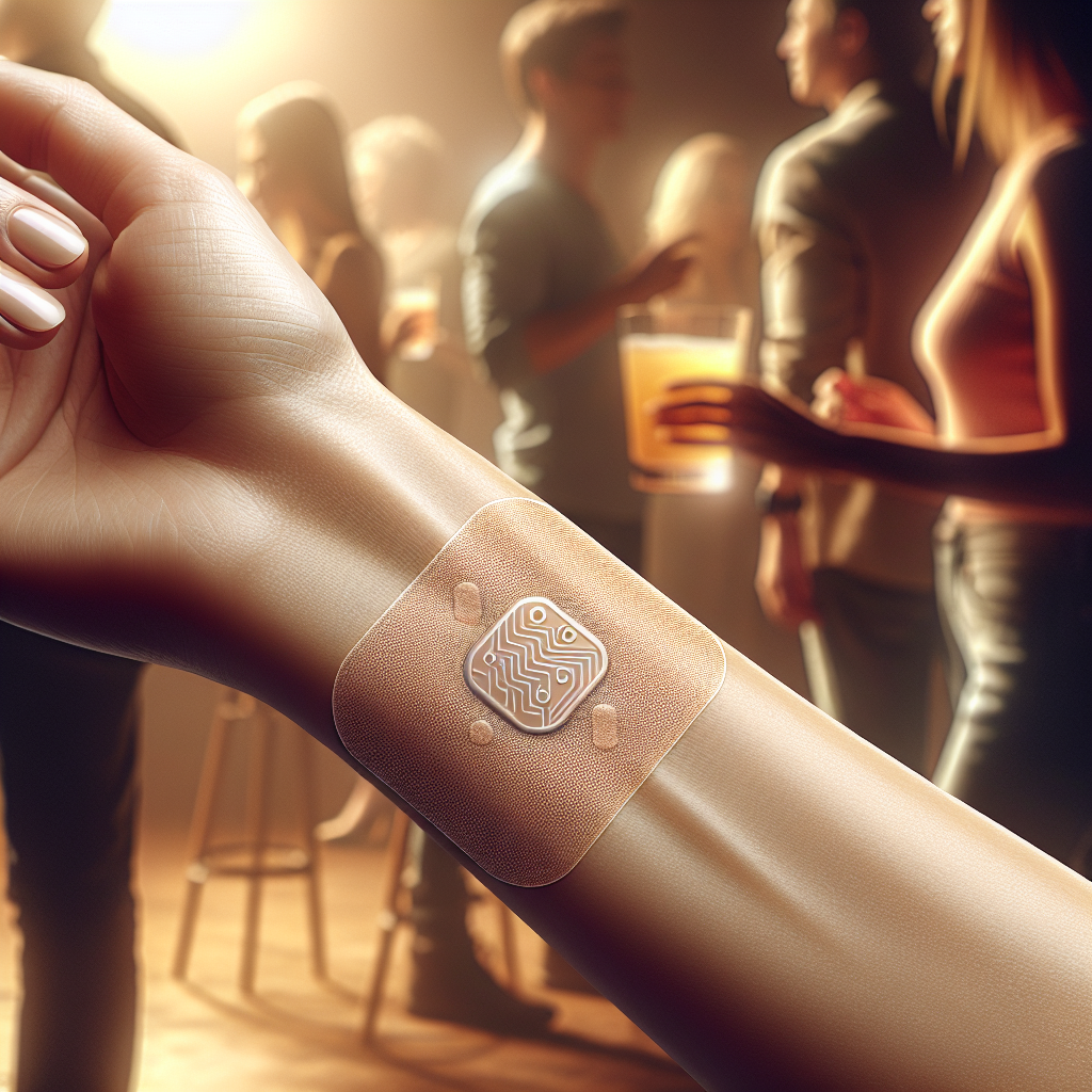 An alcohol recovery patch applied to a person's forearm in a social party environment.