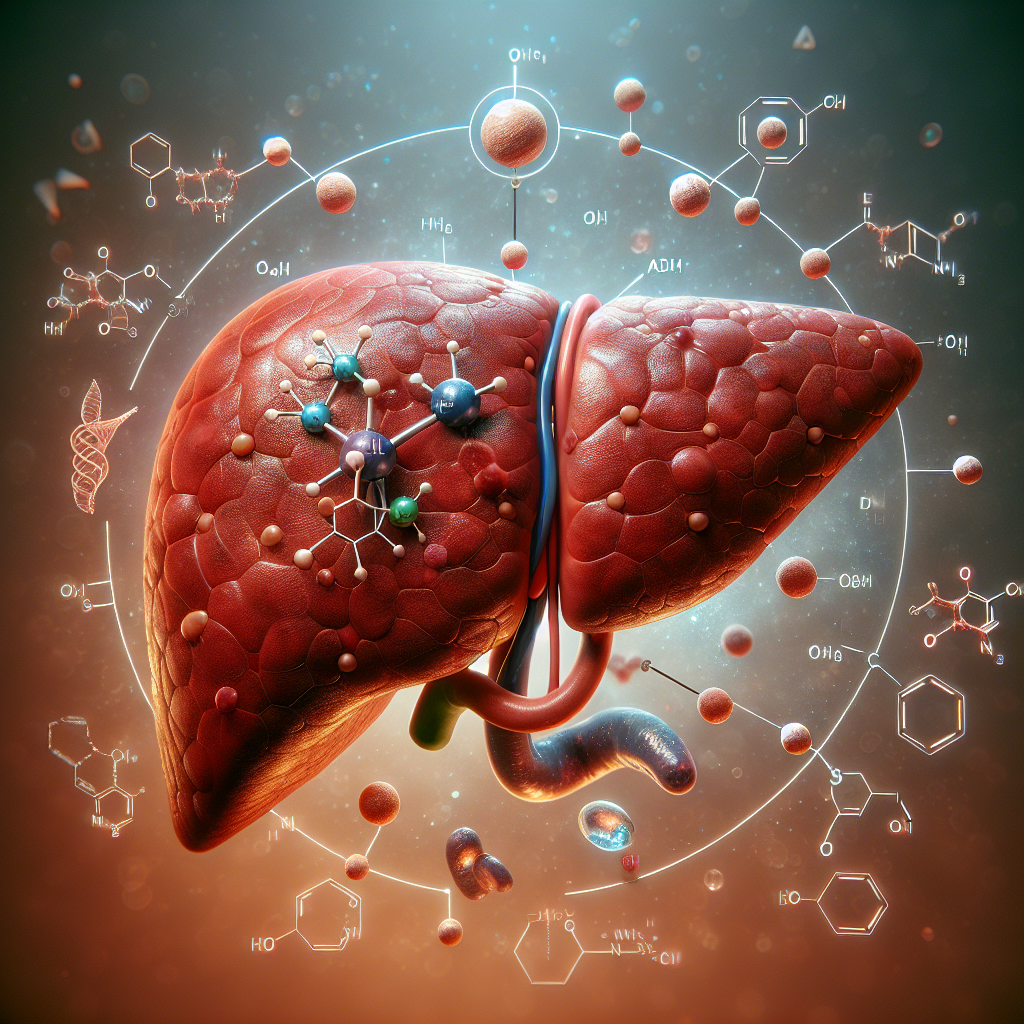 An illustration of a human liver with alcohol molecules and enzymes showing the process of alcohol metabolism.