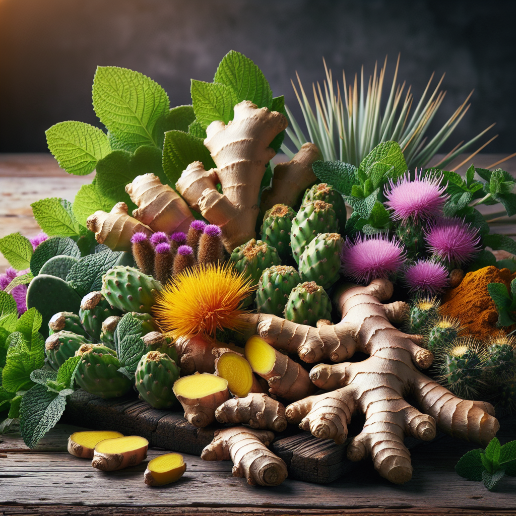 An arrangement of ginger, milk thistle, turmeric, prickly pear cactus, and peppermint on a wooden surface.