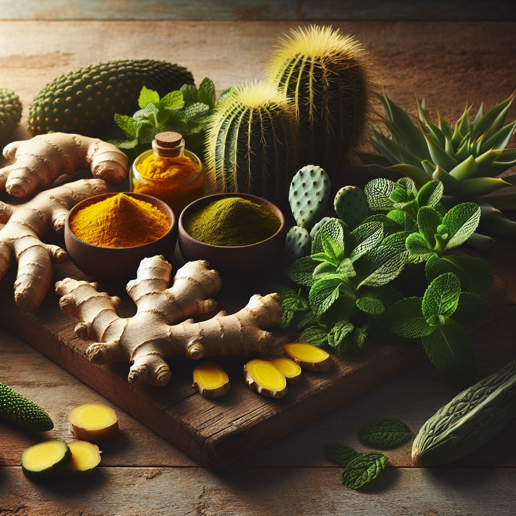 An arrangement of ginger, turmeric, peppermint, and prickly pear cactus on a wooden surface.