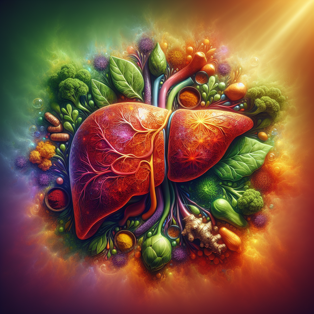 A realistic representation of a healthy liver surrounded by detoxification elements.