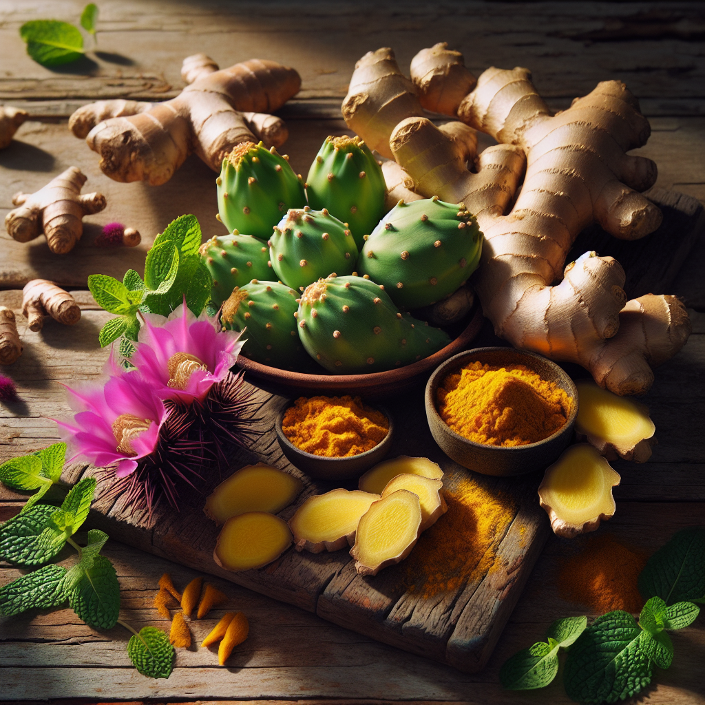 A collection of herbal remedies including ginger, turmeric, prickly pear, and peppermint leaves on a wooden table.