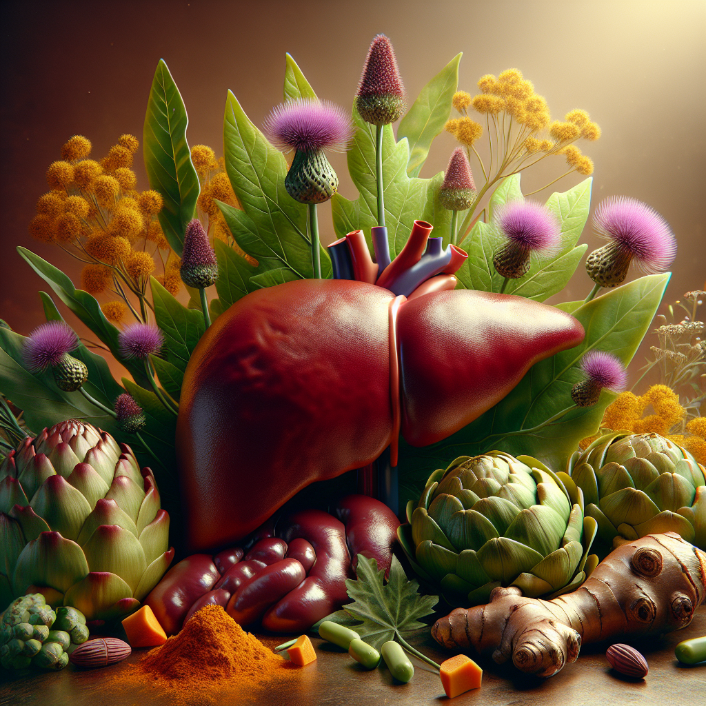 A healthy liver surrounded by Milk Thistle, turmeric, and artichoke, representing detoxification.