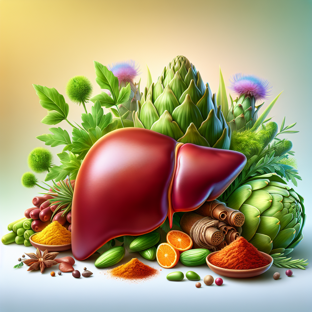 A healthy liver surrounded by milk thistle, turmeric, and artichoke, symbolizing liver detoxification.