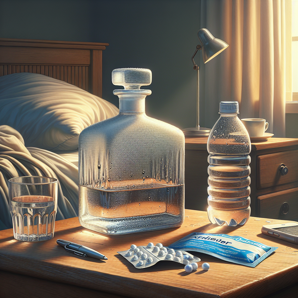 A cluttered nightstand with an empty whiskey glass, water bottle, and Booze Bandage patches in a dimly lit bedroom.