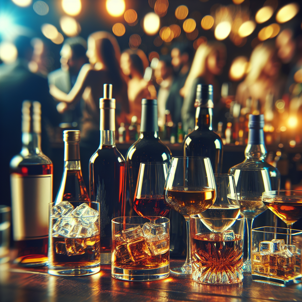 A table with various alcoholic beverages in elegant glassware, emphasizing rich colors and a nightlife background.