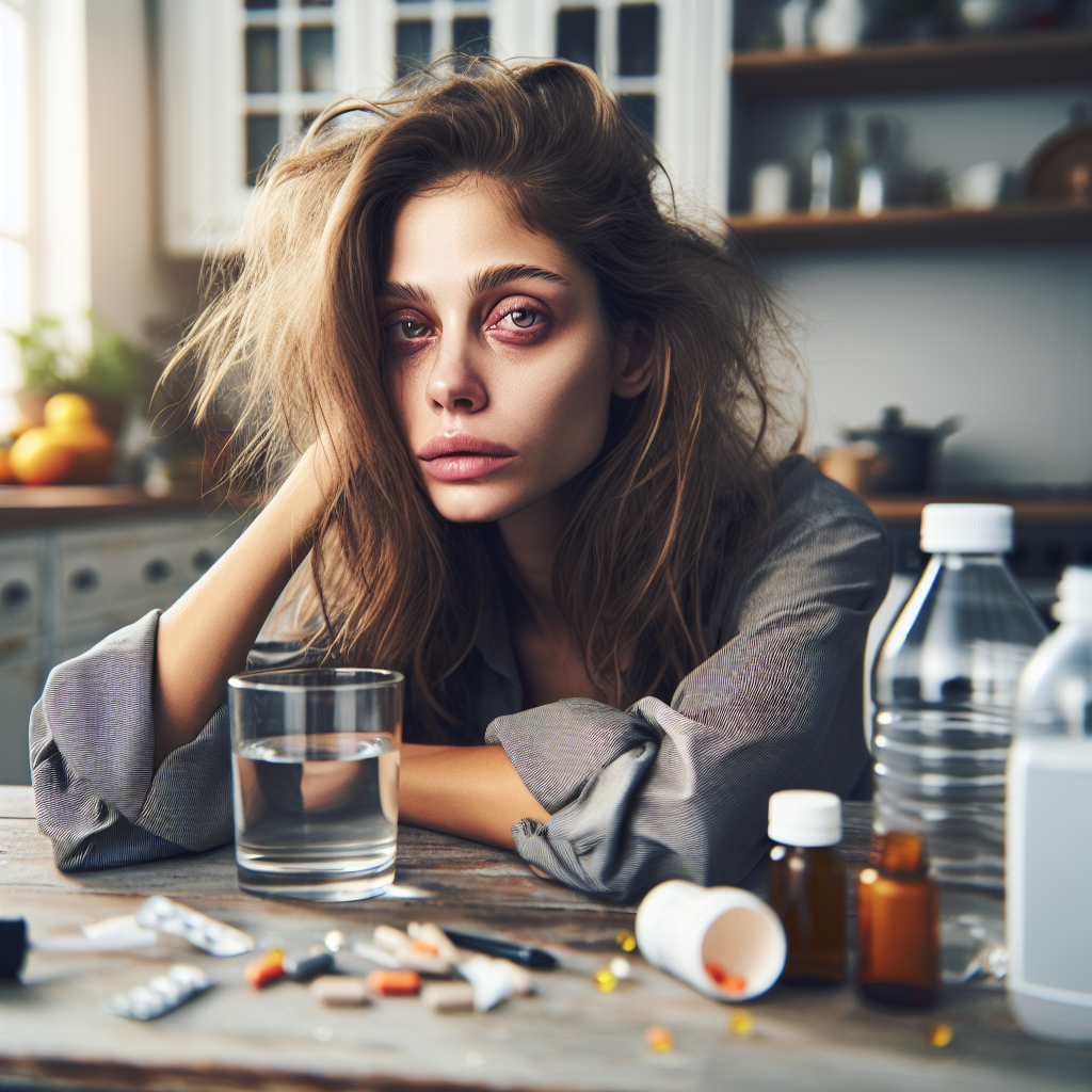 A woman in her 30s showing signs of a hangover at a kitchen table.