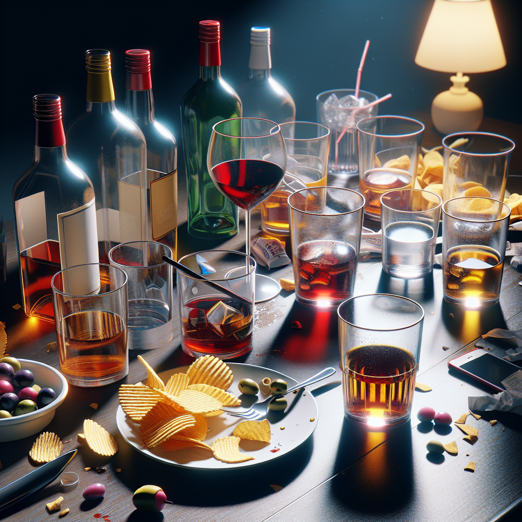 A cluttered table with empty glasses and snacks after a night out.