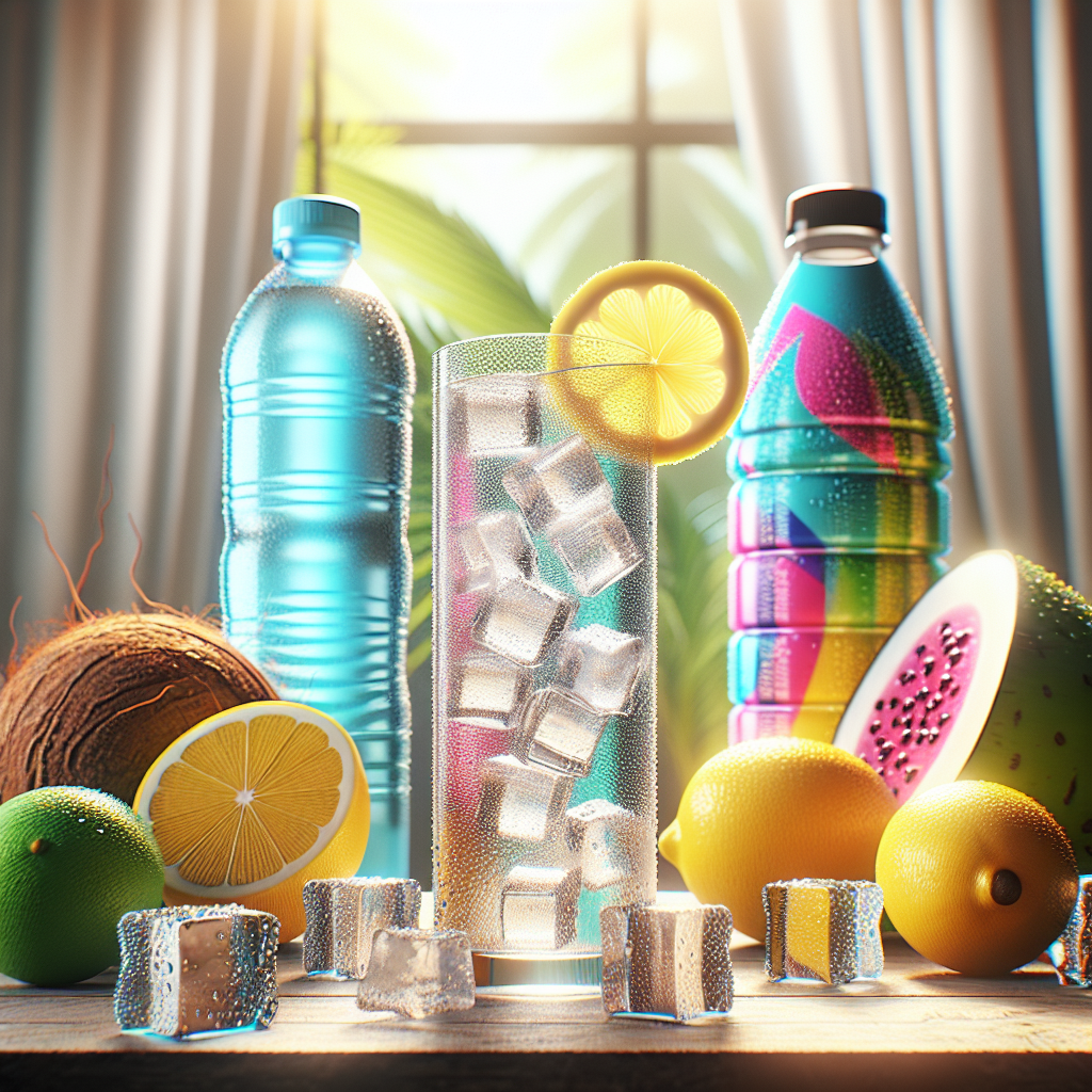 A refreshing hydration scene with a glass of water, ice, and a lemon slice, alongside a coconut and a sports drink bottle.