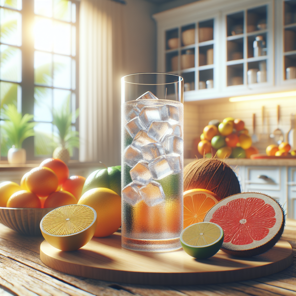 A tall glass of water with ice cubes on a wooden table, surrounded by fruits like oranges and coconuts in a bright kitchen.