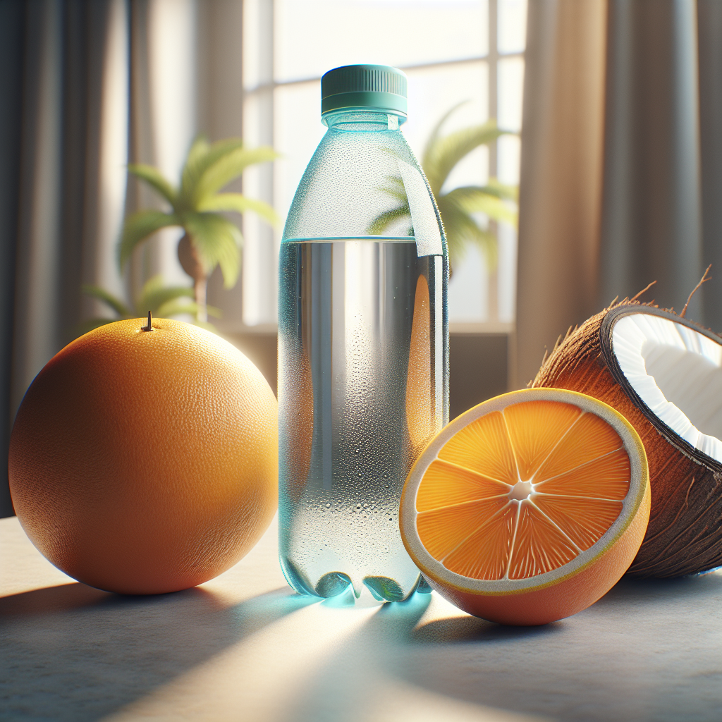 A water bottle next to a coconut and an orange on a kitchen countertop.