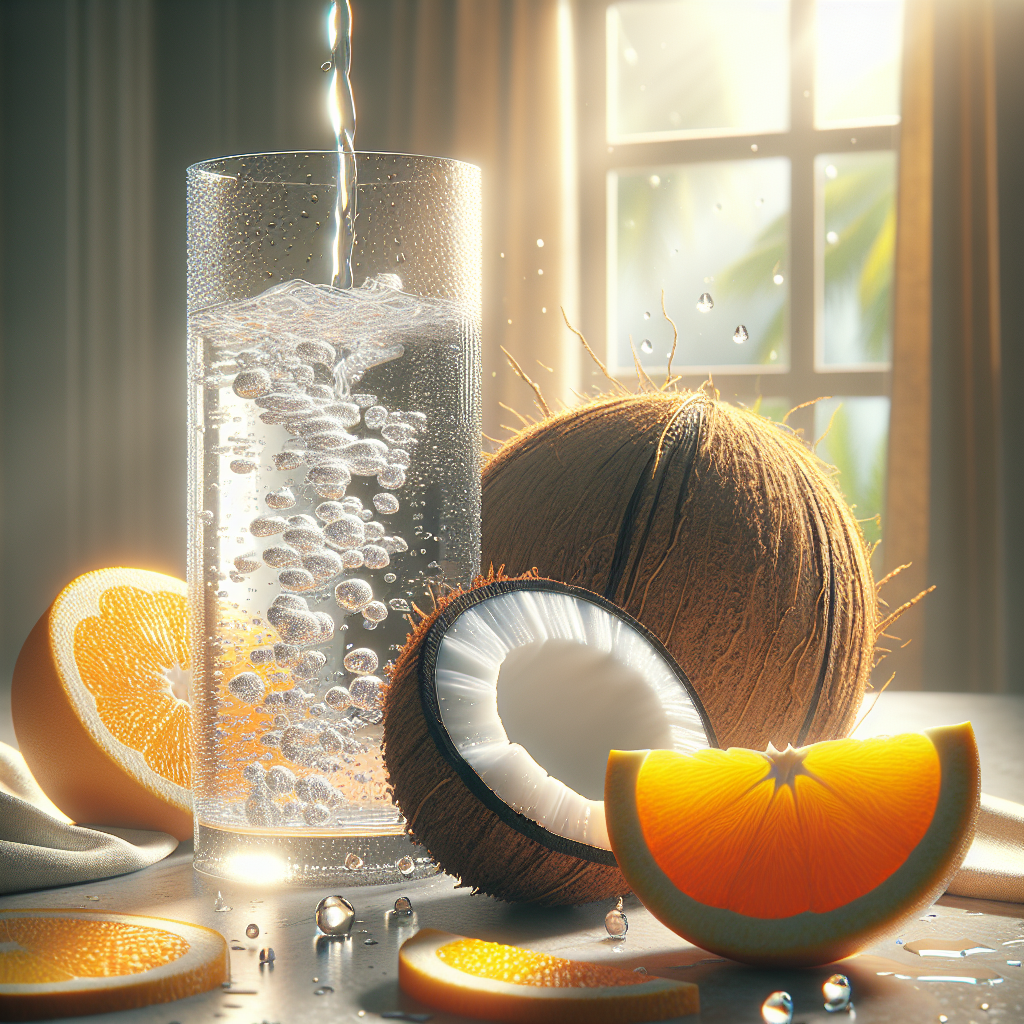 A refreshing hydration scene with a glass of water, a coconut, and orange juice.