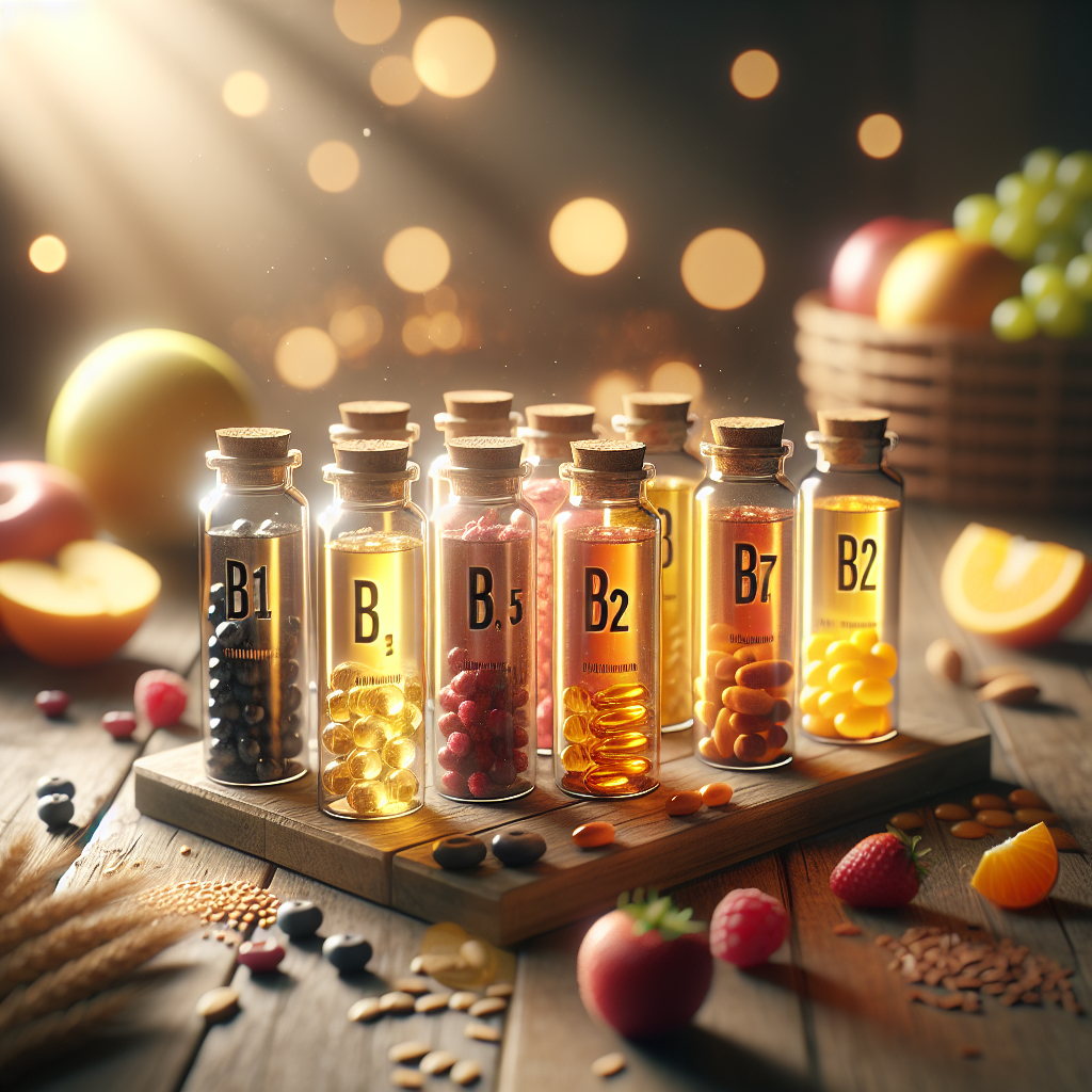 Eight colorful vials of B-Complex vitamins on a wooden table, surrounded by fruits and grains.