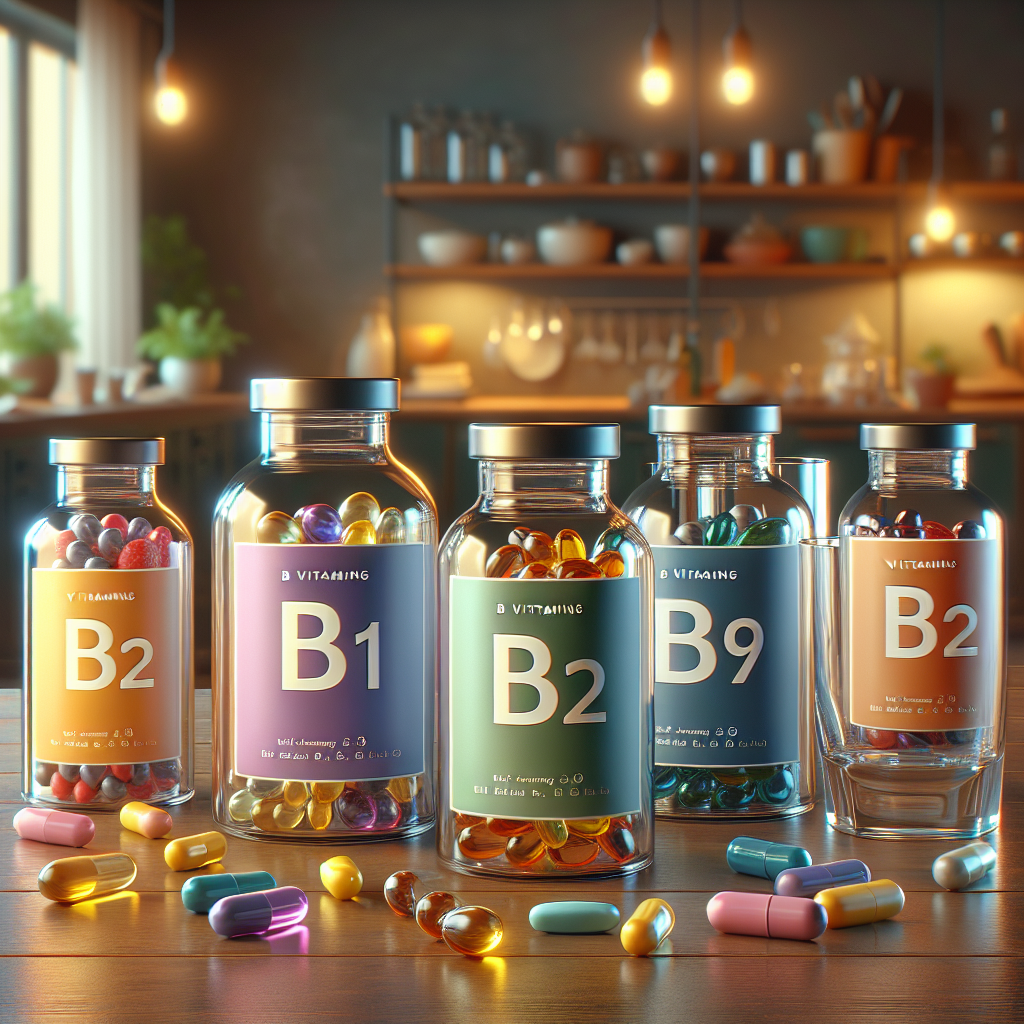 B-Complex vitamin bottles in a kitchen setting with colorful capsules.