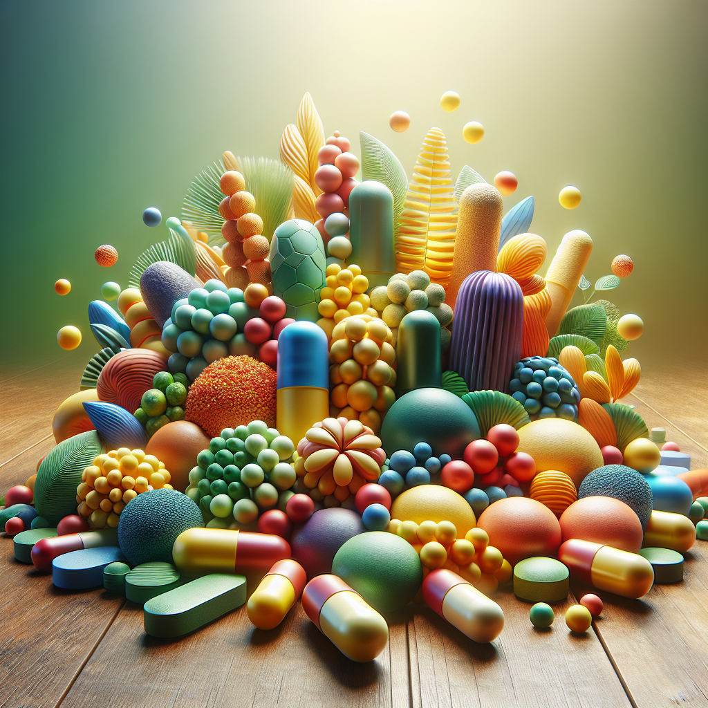 An assortment of colorful B-Complex vitamin capsules and tablets on a wooden table.