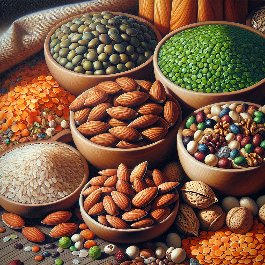 An arrangement of foods rich in Vitamin B1 including whole grains, legumes, nuts, and seeds.