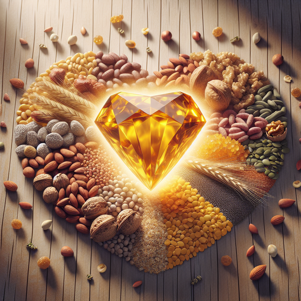A vibrant representation of Vitamin B1 surrounded by healthy food items.
