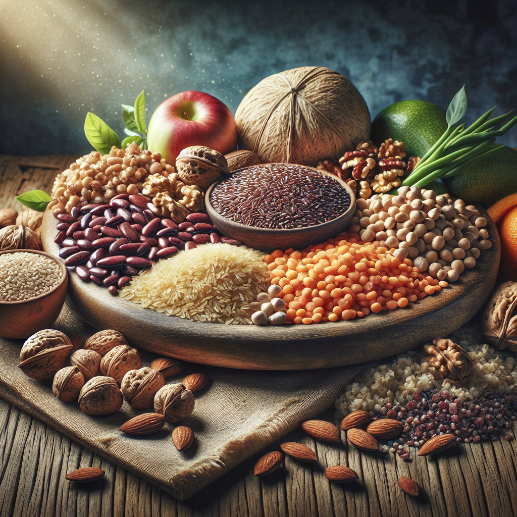 A plate of colorful foods rich in Vitamin B1, including whole grains, legumes, and nuts.
