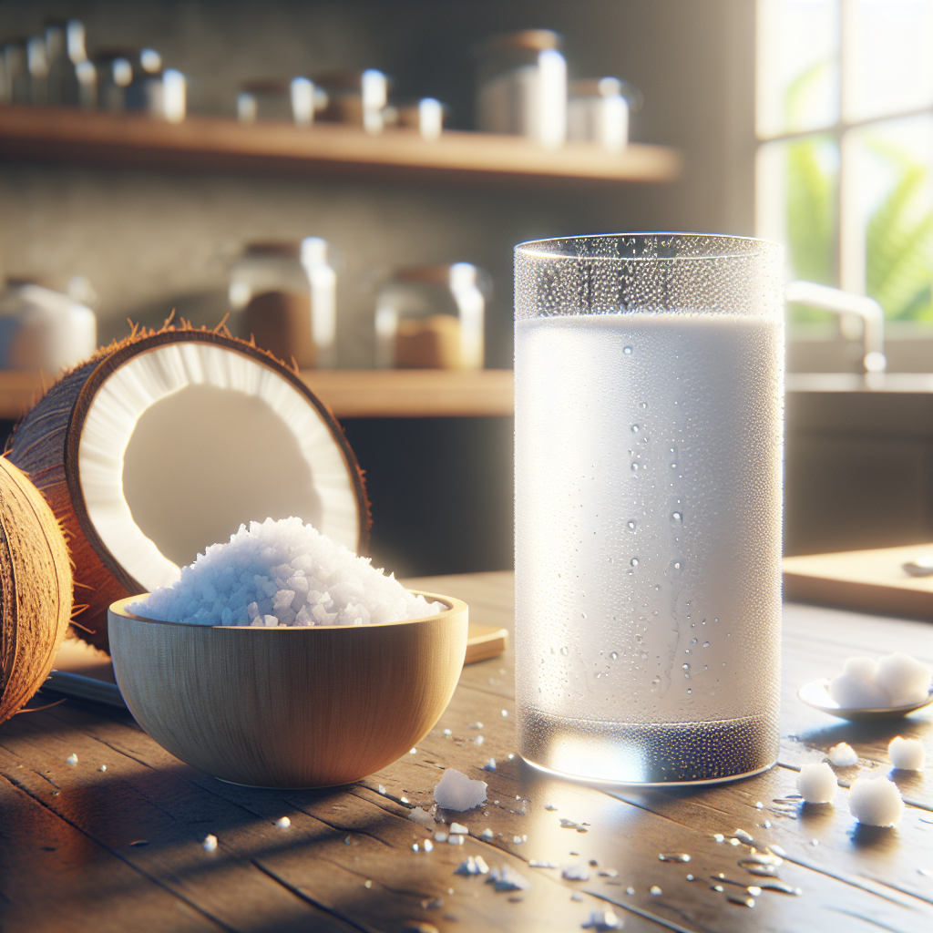 A glass of coconut water with droplets and a bowl of sea salt next to it, set in a bright kitchen.