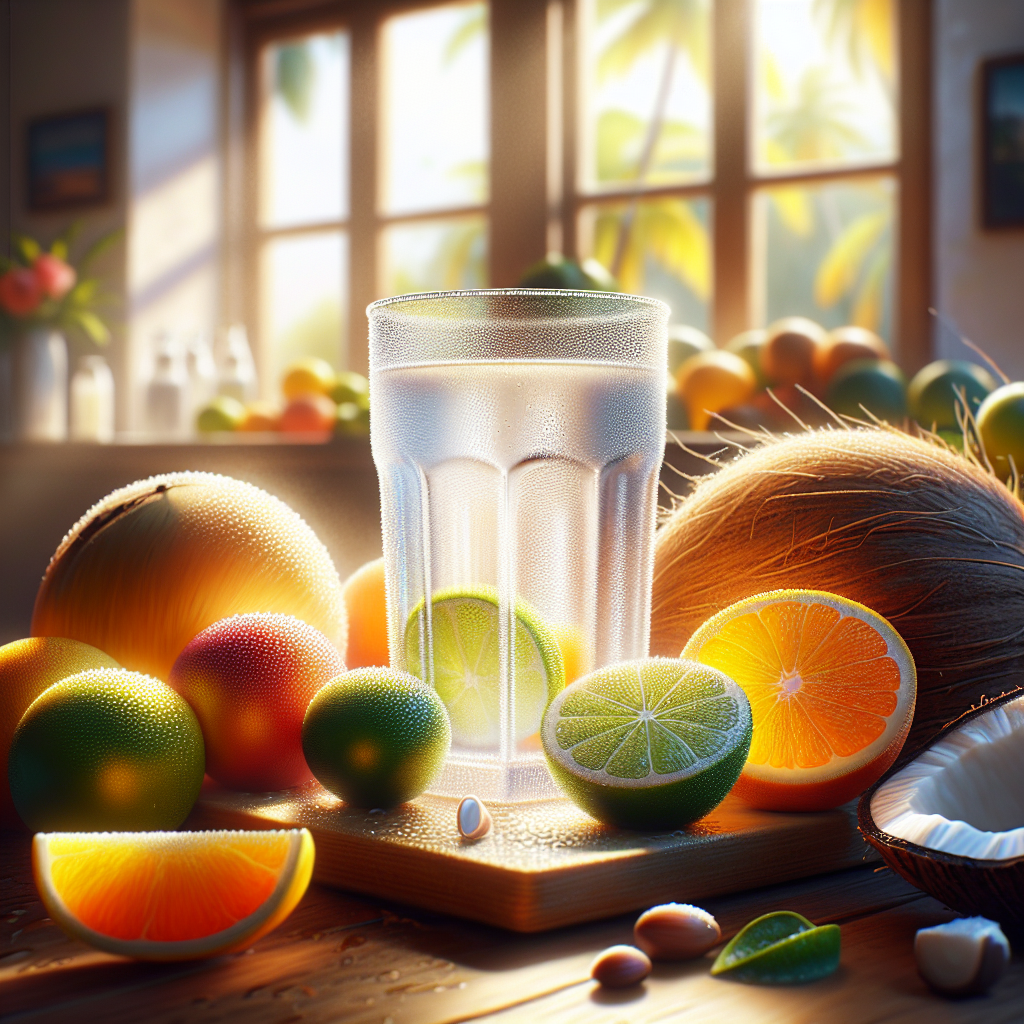 A glass of coconut water surrounded by tropical fruits in a bright kitchen.