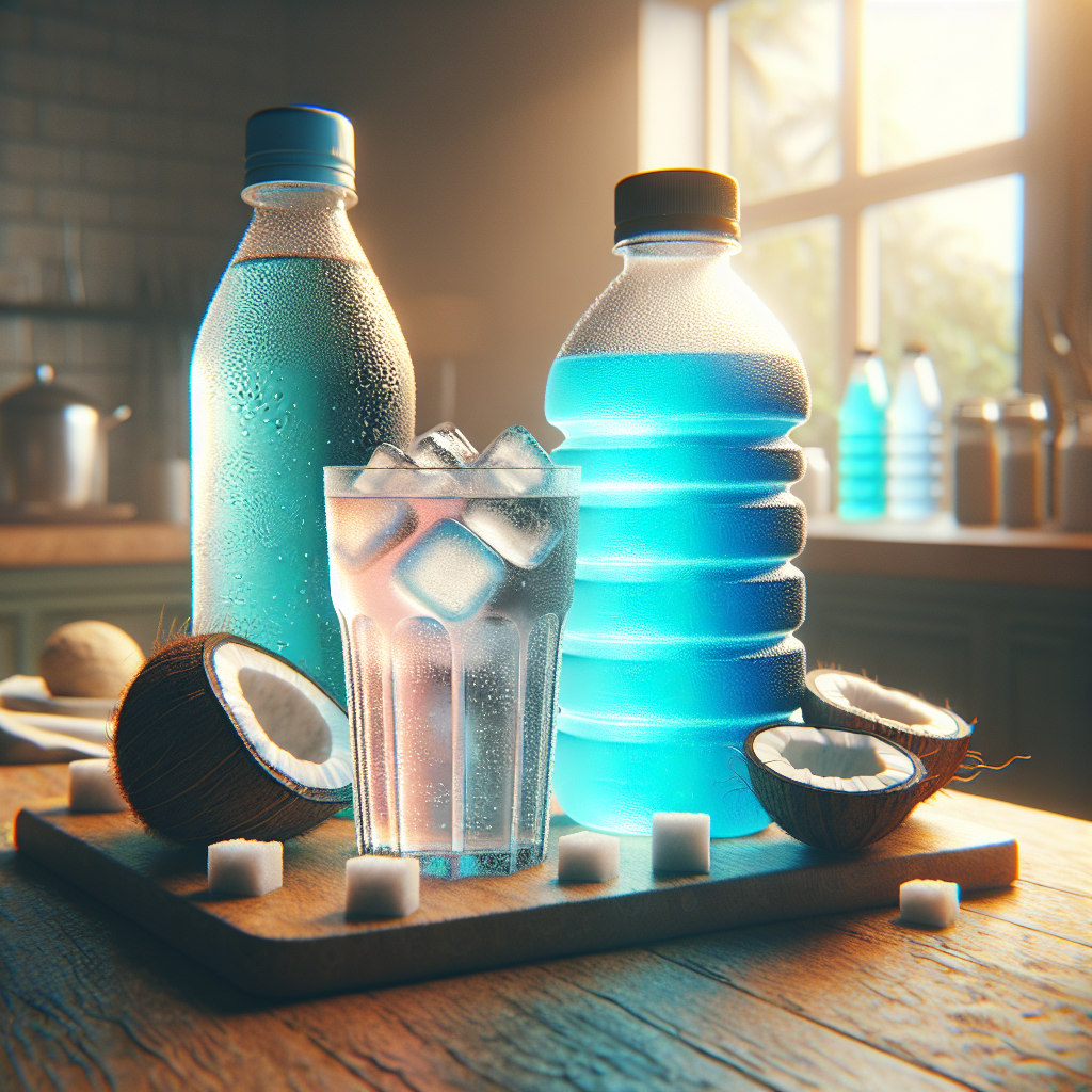 Various rehydration drinks including coconut water, sports drink, and homemade electrolyte solution on a kitchen countertop.
